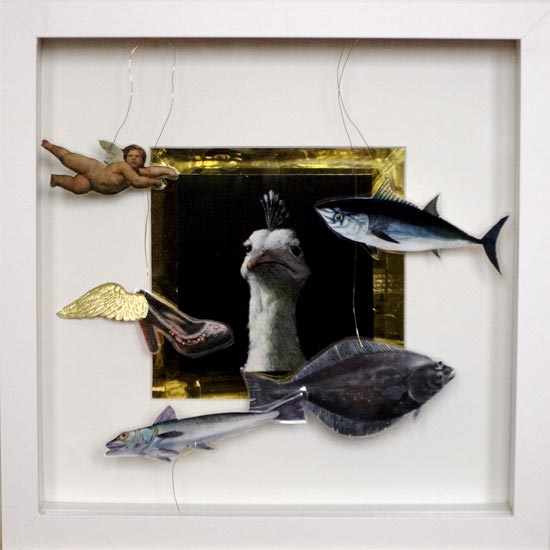 schwebender Engel ,fliegender Schuh, Fische, gerahmte, ehrenhafte Gans